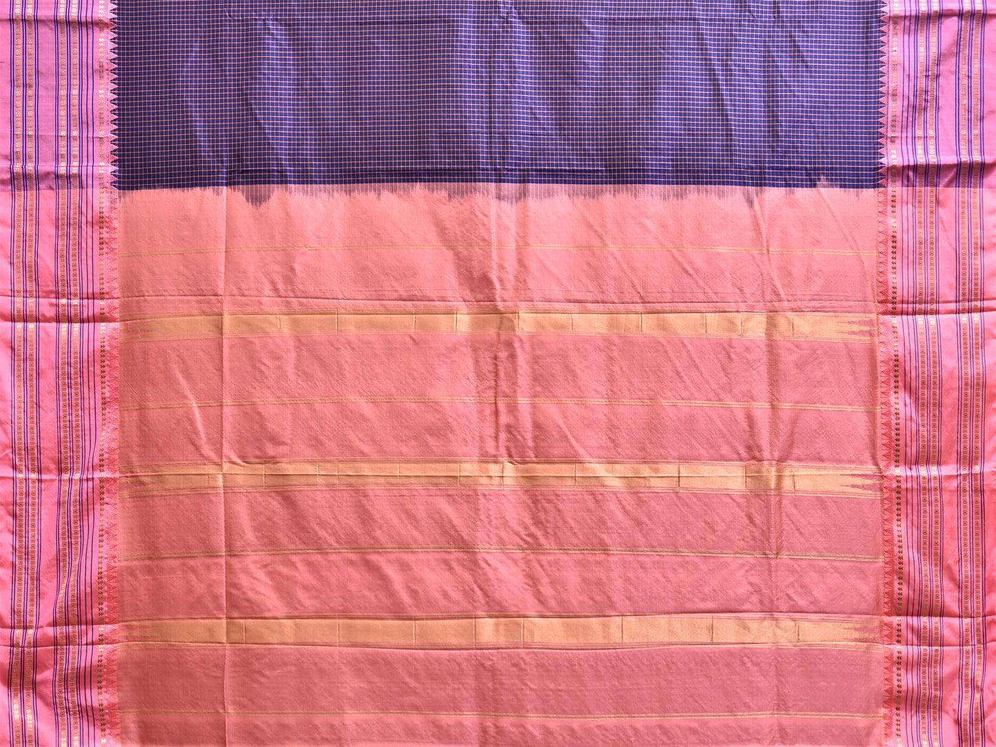 Navy and Baby Pink Narayanpet Silk Saree with Checks and Contrast Pallu Design np1326