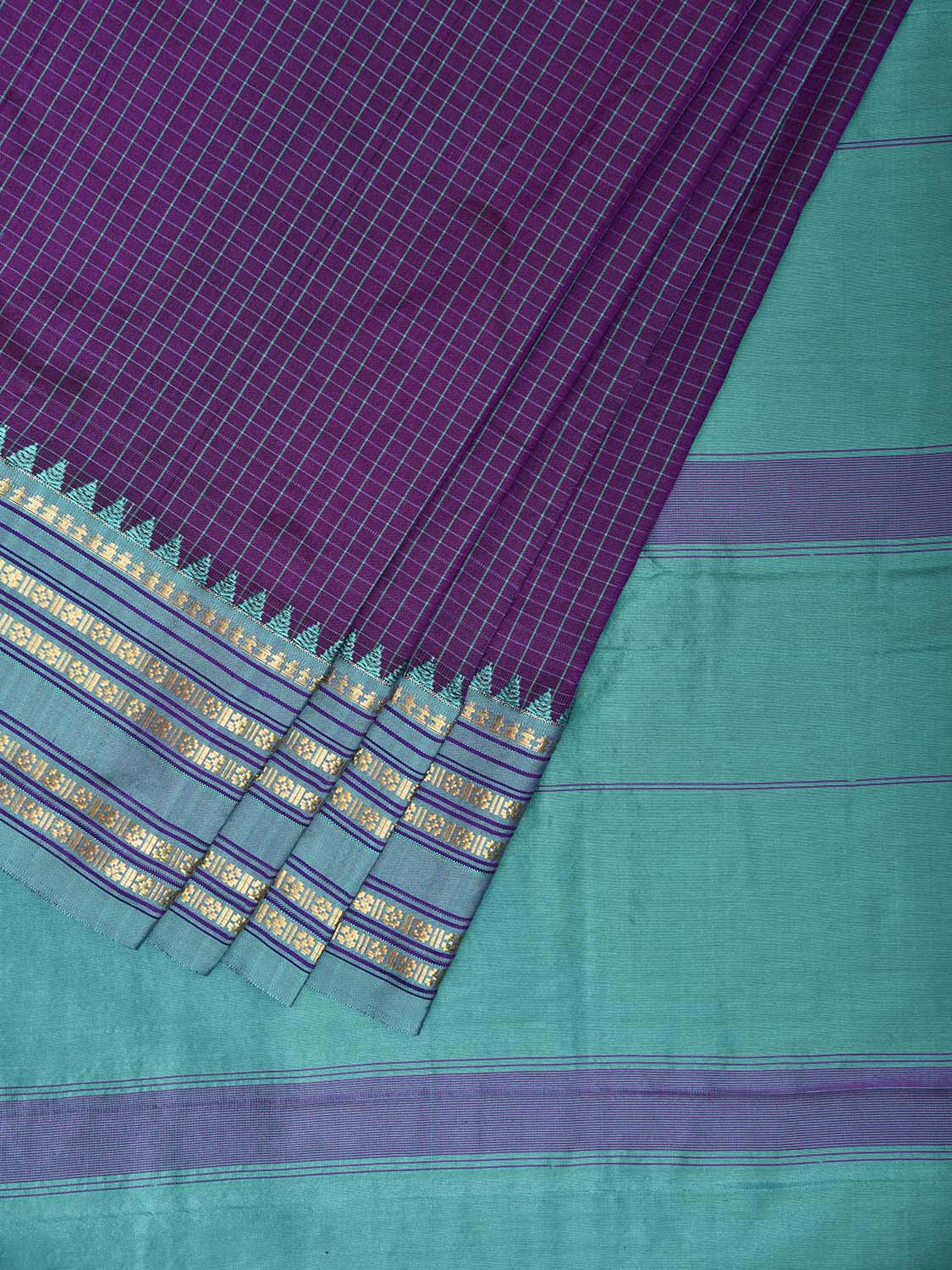 Purple and Turquoise Narayanpet Silk Saree with Checks and Contrast Pallu Design np1327