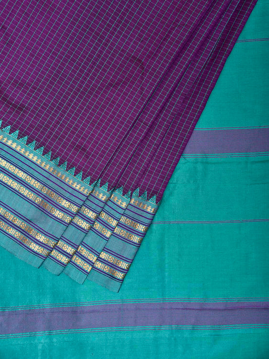 Purple and Turquoise Narayanpet Silk Saree with Checks and Contrast Pallu Design np1327