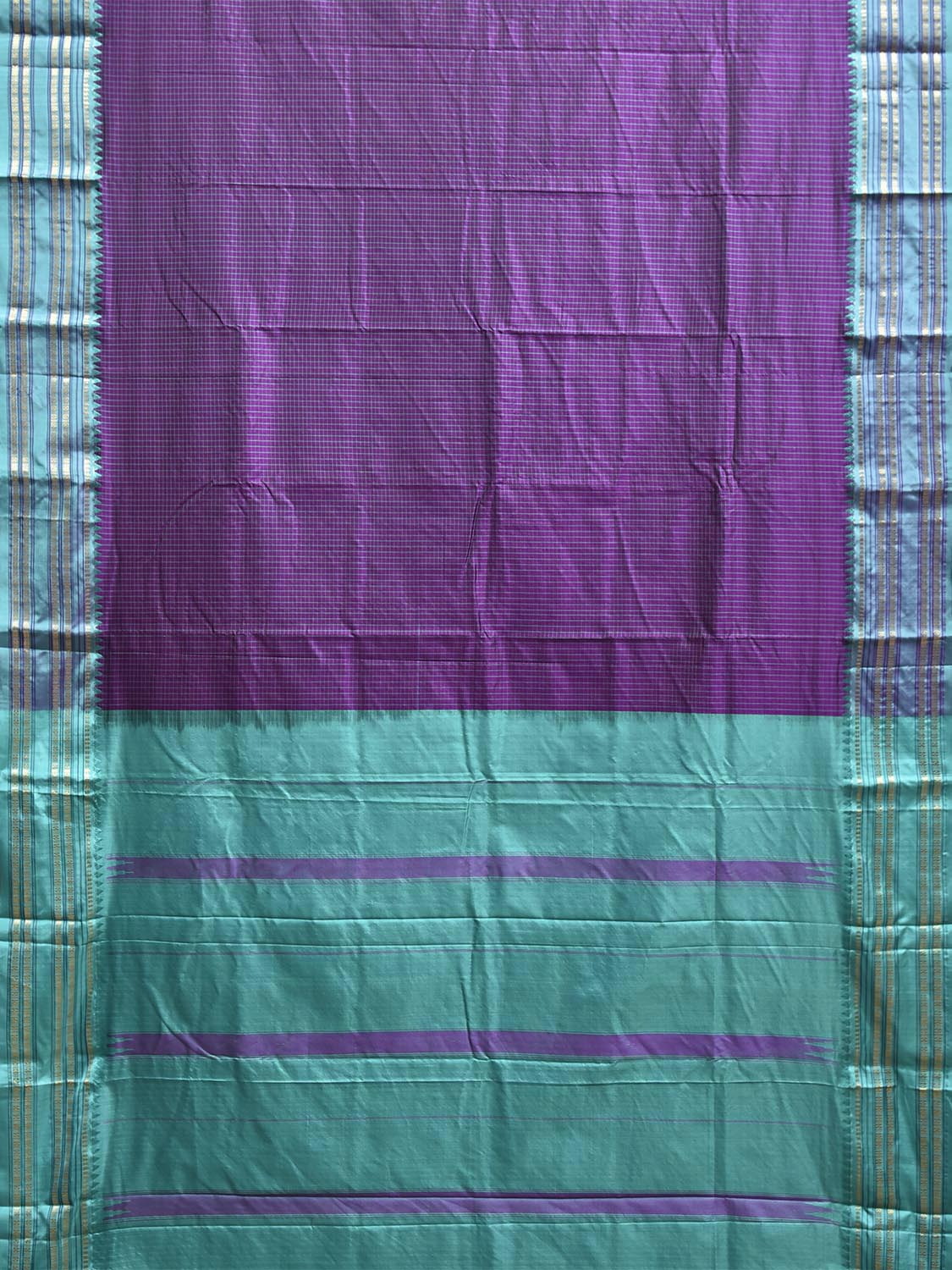 Purple and Turquoise Narayanpet Silk Saree with Checks and Contrast Pallu Design np1327
