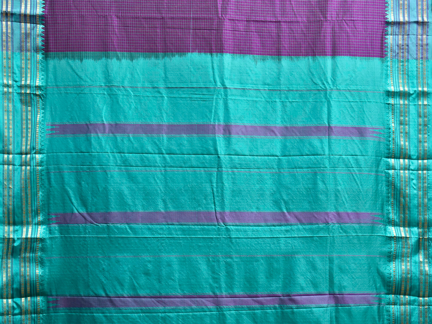 Purple and Turquoise Narayanpet Silk Saree with Checks and Contrast Pallu Design np1327