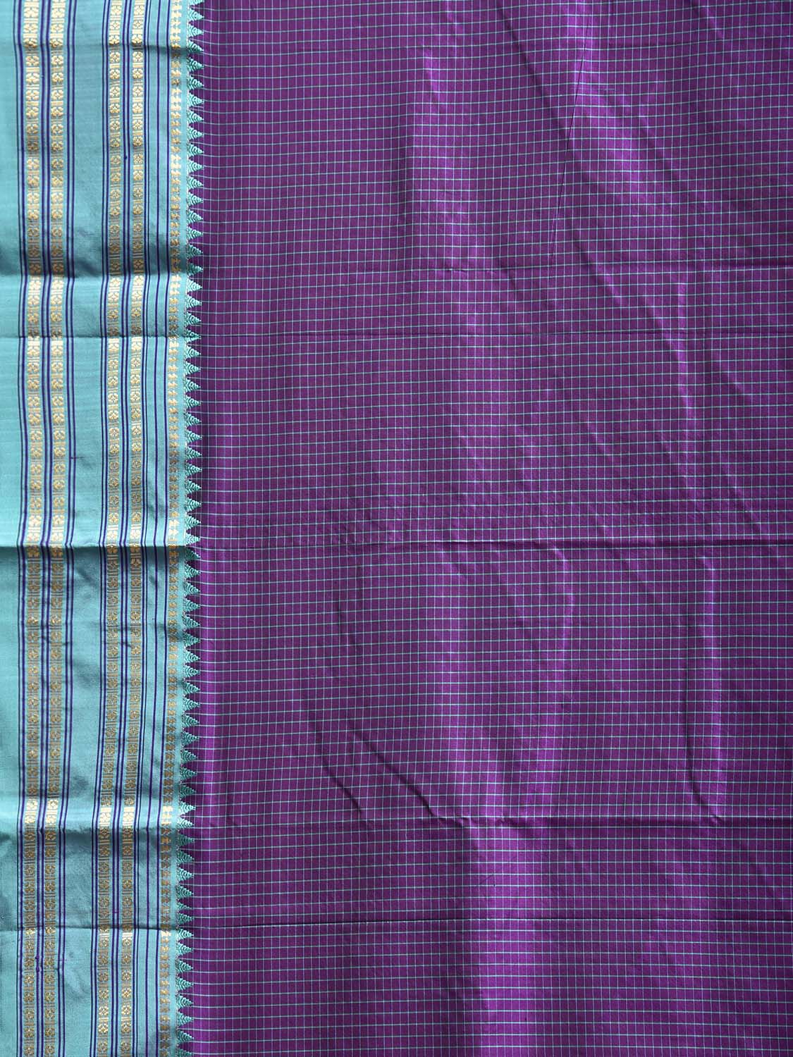 Purple and Turquoise Narayanpet Silk Saree with Checks and Contrast Pallu Design np1327