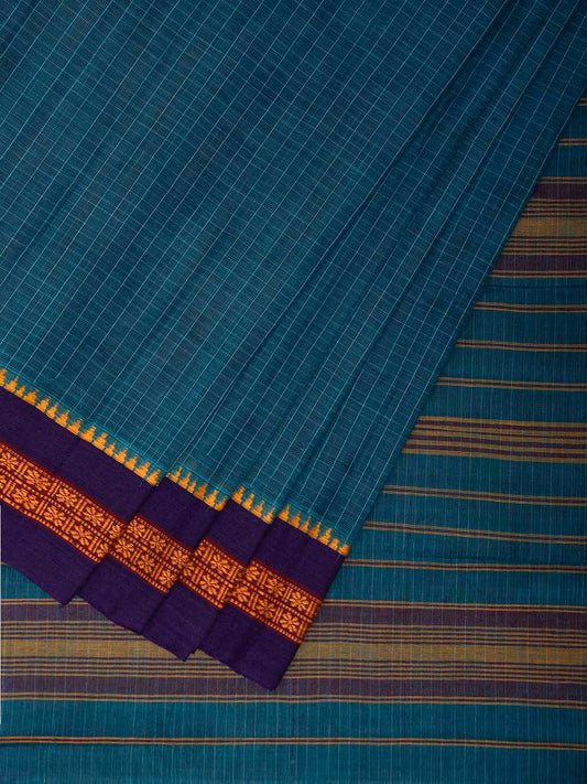 Blue and Indigo Narayanpet Cotton Handloom Saree with Checks Design No Blouse np1329
