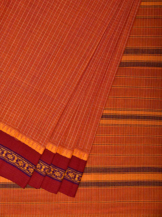 Orange and Red Narayanpet Cotton Handloom Saree with Checks Design No Blouse np1337
