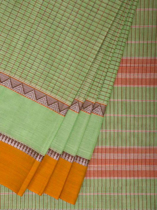 Light Green and Yellow Narayanpet Cotton Handloom Saree with Checks Design No Blouse np1339