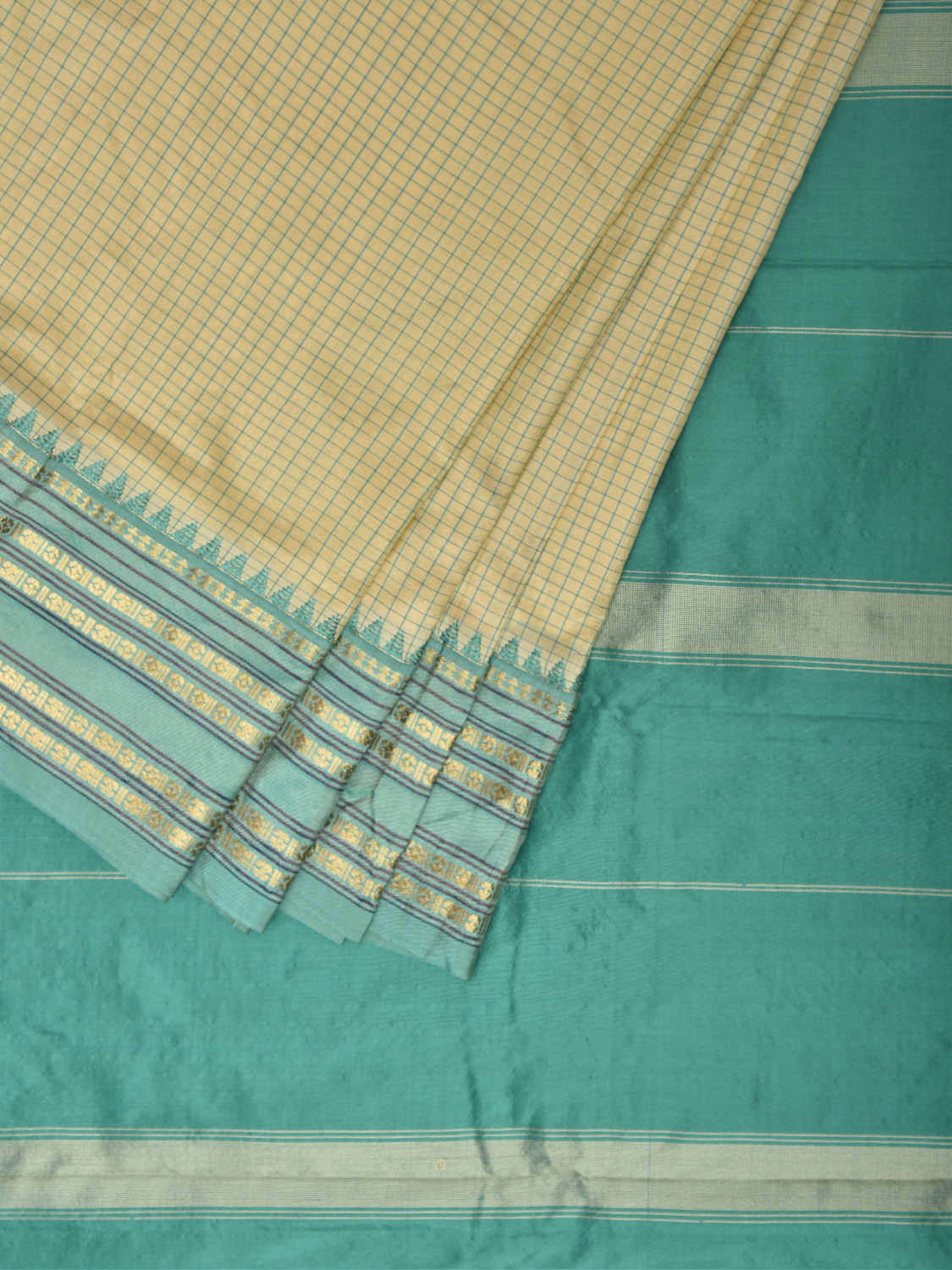 Cream and Turquoise Narayanpet Silk Saree with Checks Design np1344