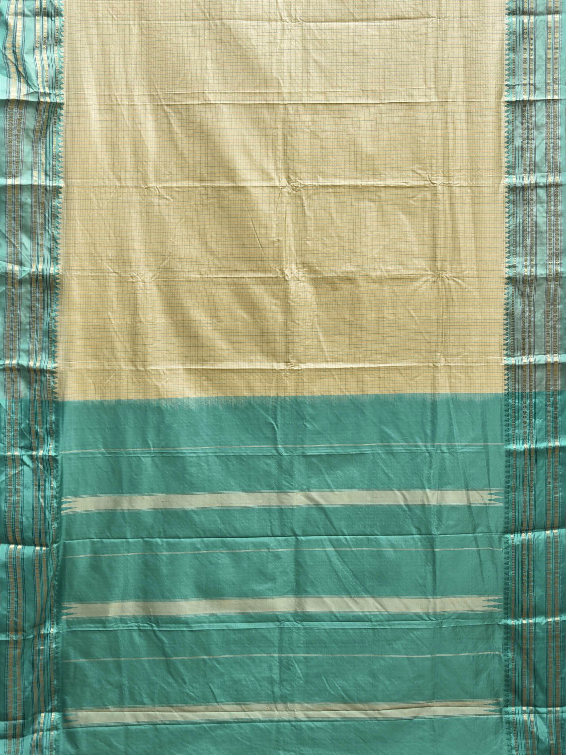 Cream and Turquoise Narayanpet Silk Saree with Checks Design np1344