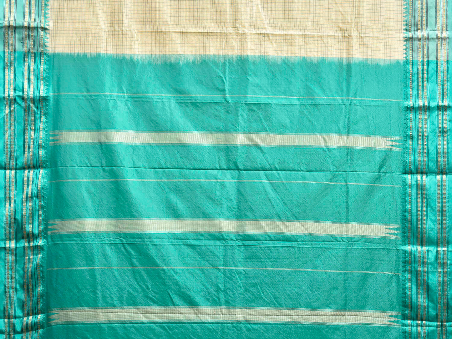 Cream and Turquoise Narayanpet Silk Saree with Checks Design np1344