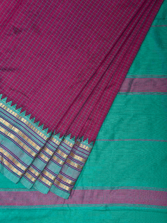 Purple and Turquoise Narayanpet Silk Saree with Checks Design np1345
