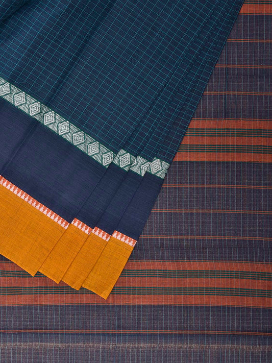 Dark Blue and Yellow Narayanpet Cotton Handloom Saree with Big Border Design No Blouse np1346