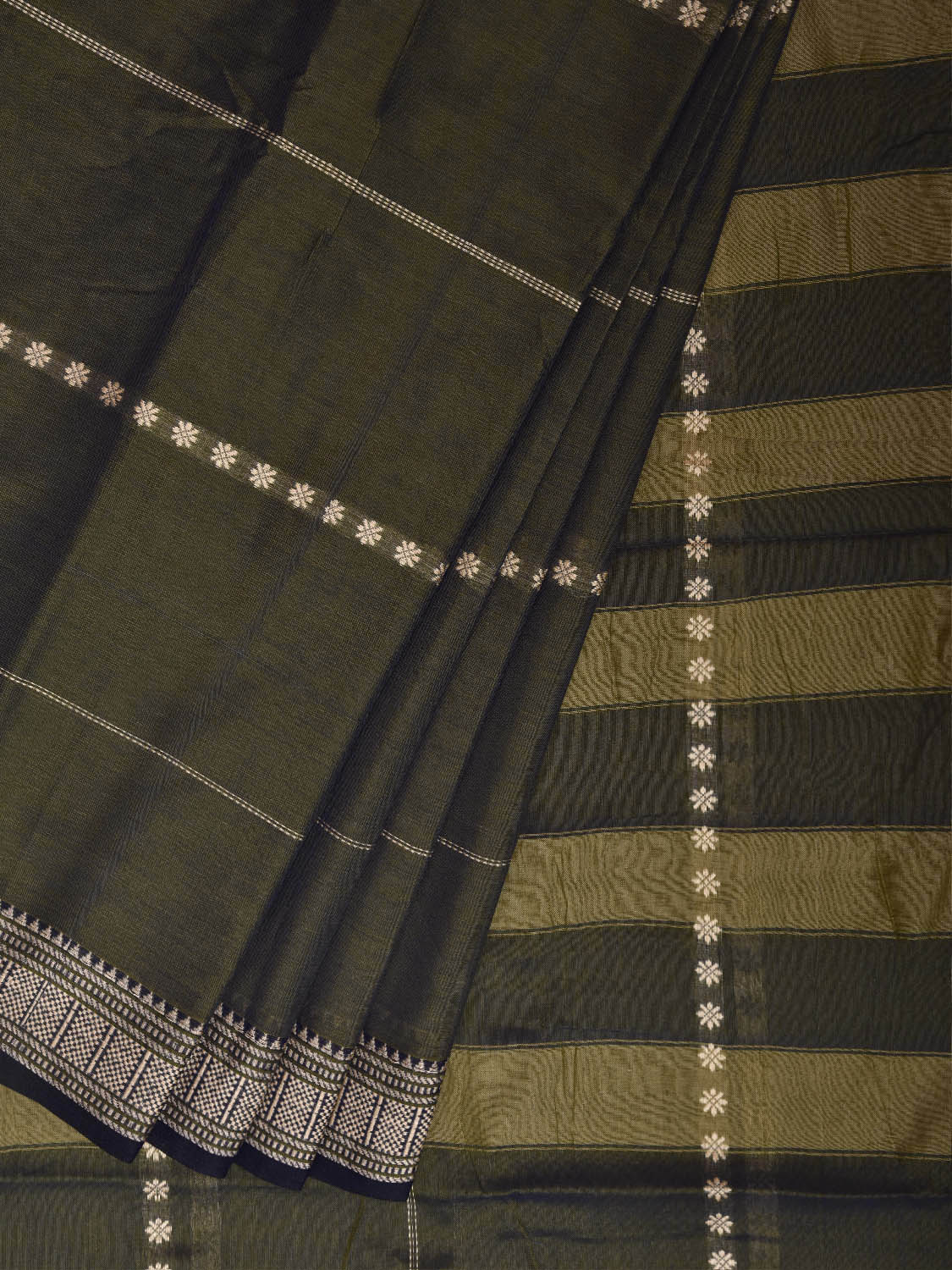 Dark Olive Narayanpet Cotton Saree with Strips Design No Blouse np1349