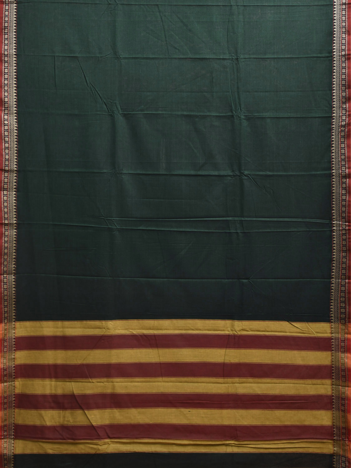 Dark Green Narayanpet Cotton Plain Saree with Strips Pallu Design No Blouse np1354