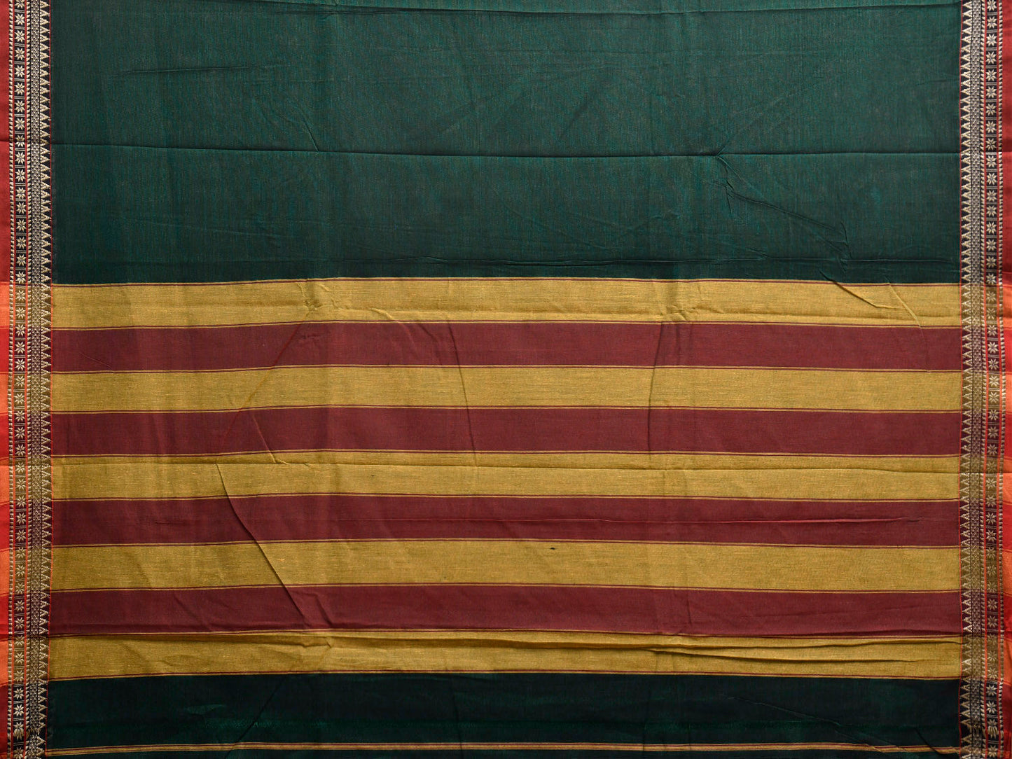 Dark Green Narayanpet Cotton Plain Saree with Strips Pallu Design No Blouse np1354