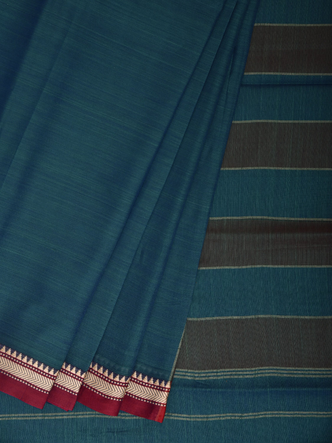 Teal Narayanpet Cotton Plain Saree with Strips Pallu Design No Blouse np1361