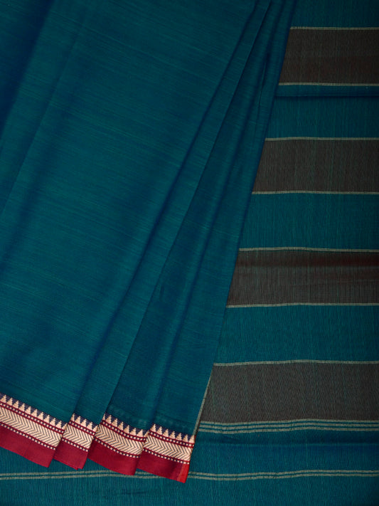 Teal Narayanpet Cotton Plain Saree with Strips Pallu Design No Blouse np1361