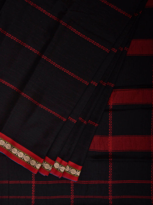 Black and Red Narayanpet Cotton Saree with Strips Design No Blouse np1363
