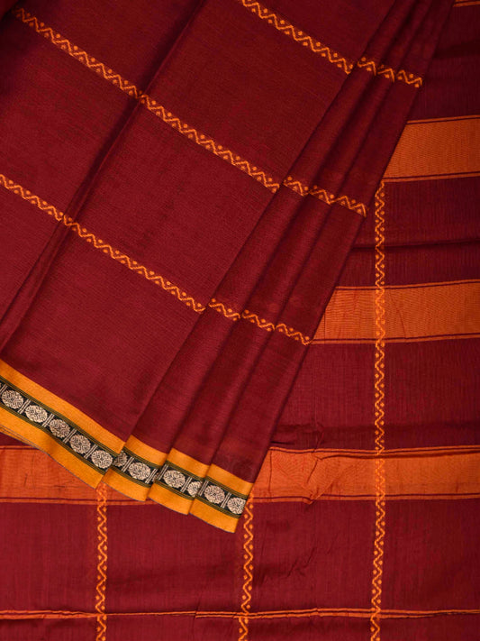 Dark Red and Yellow Narayanpet Cotton Saree with Strips Design No Blouse np1364