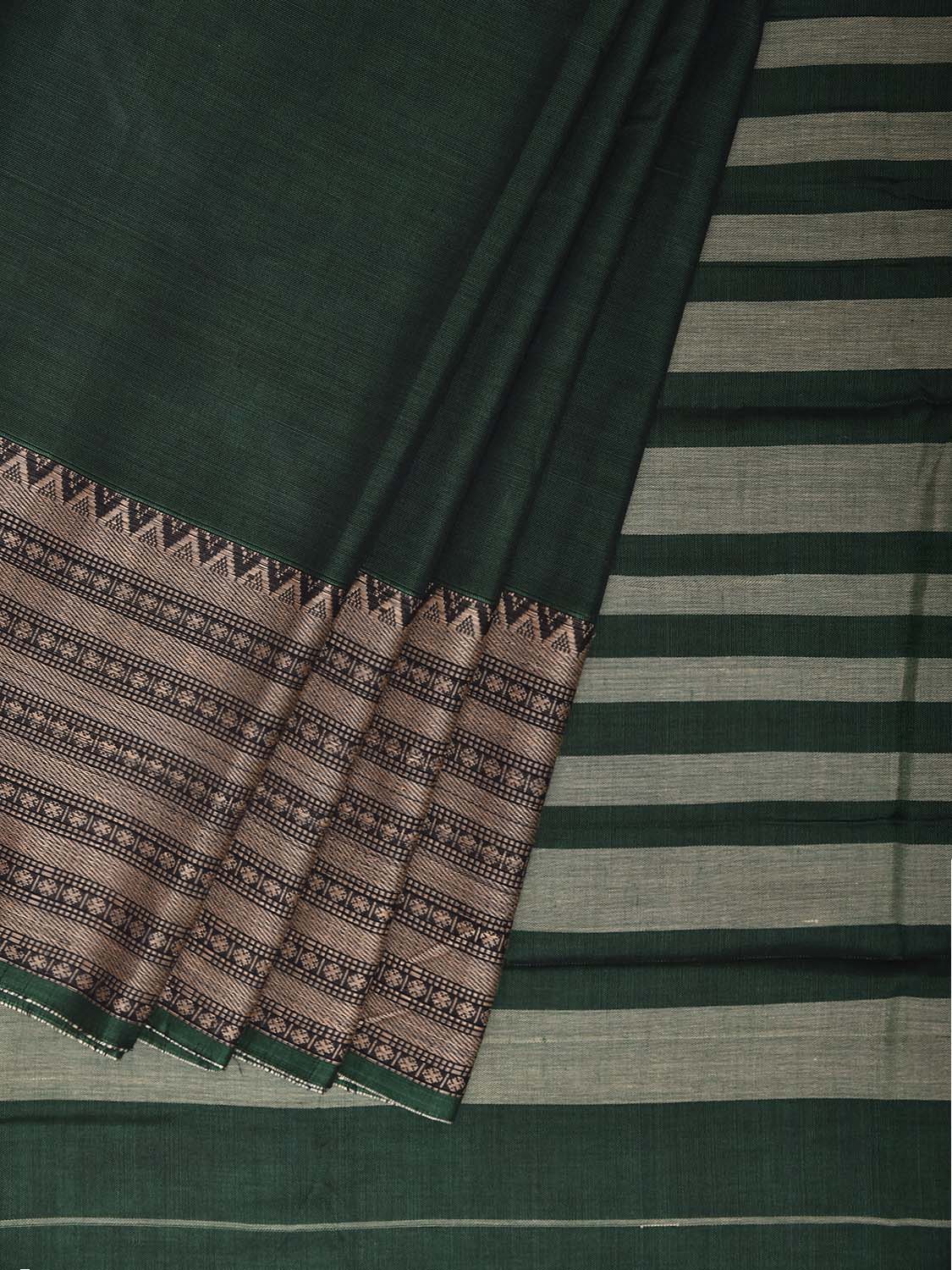 Green Narayanpet Cotton Plain Saree with Big Border and Strips Pallu Design No Blouse np1365