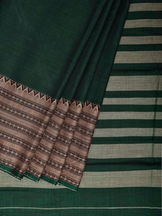 Green Narayanpet Cotton Plain Saree with Big Border and Strips Pallu Design No Blouse np1365