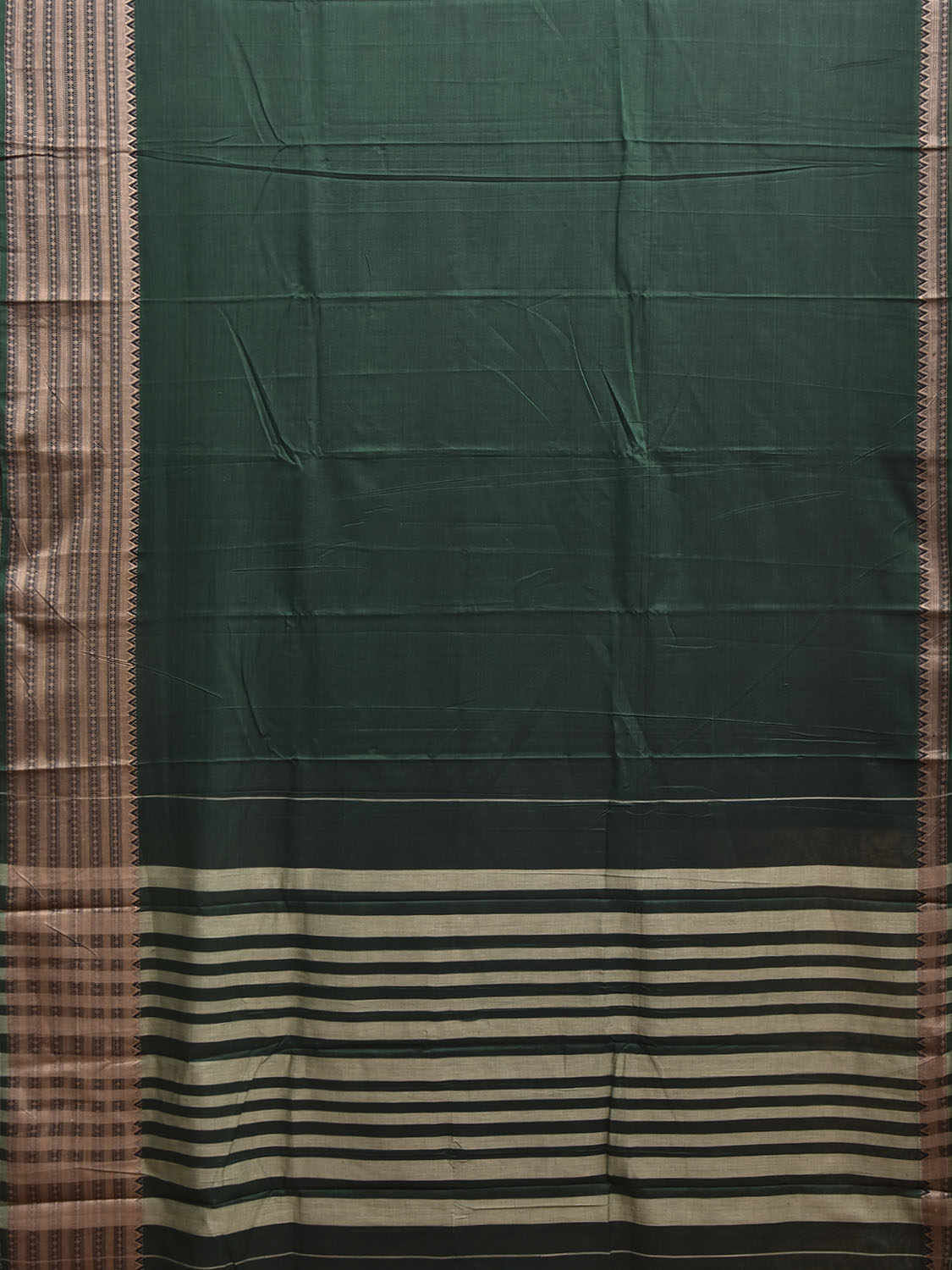 Green Narayanpet Cotton Plain Saree with Big Border and Strips Pallu Design No Blouse np1365