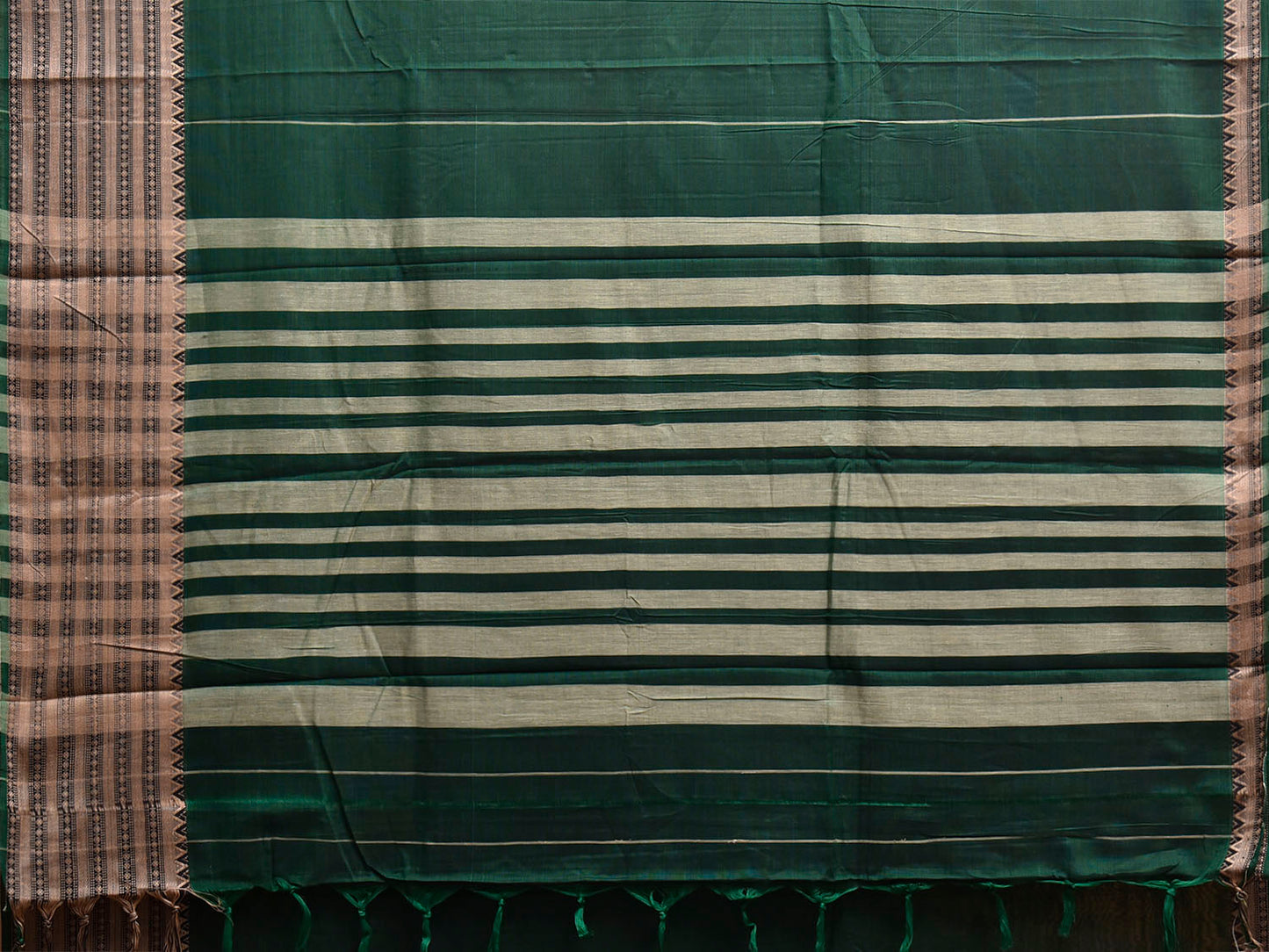 Green Narayanpet Cotton Plain Saree with Big Border and Strips Pallu Design No Blouse np1365
