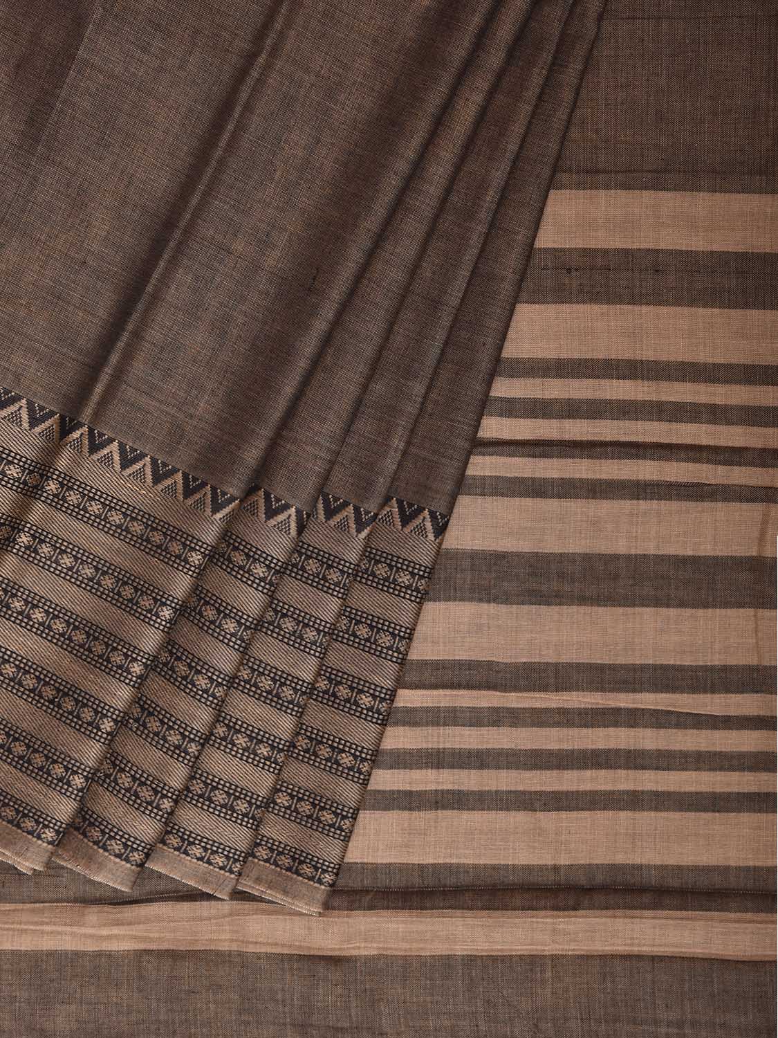 Khaki Narayanpet Cotton Plain Saree with Big Border and Strips Pallu Design No Blouse np1366