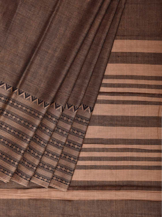 Khaki Narayanpet Cotton Plain Saree with Big Border and Strips Pallu Design No Blouse np1366