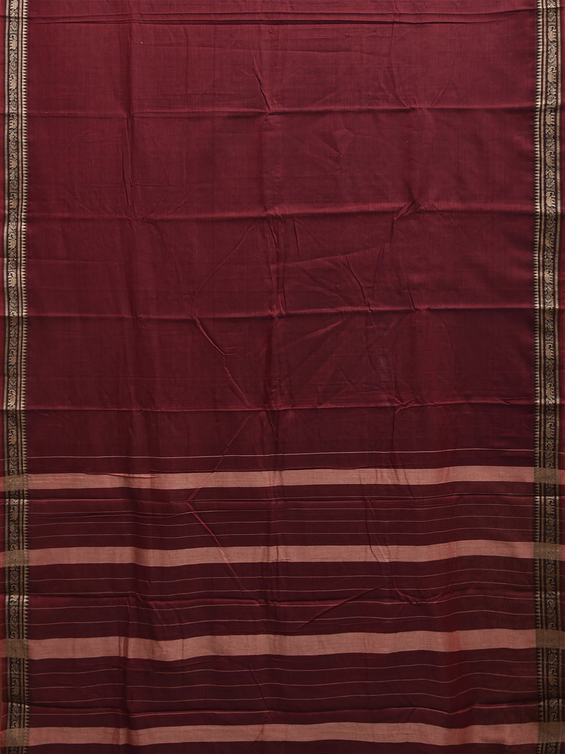 Dark Red Narayanpet Cotton Plain Saree with Border and Strips Pallu Design No Blouse np1367