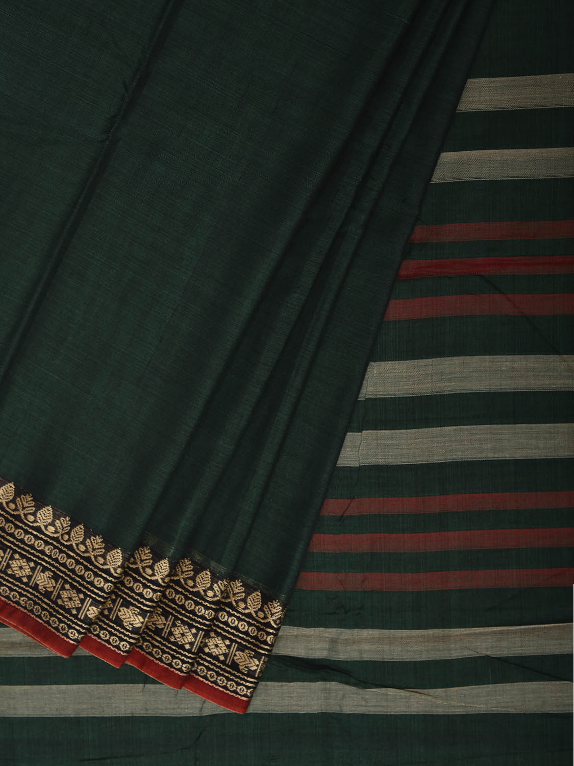 Green Narayanpet Cotton Plain Saree with Border and Strips Pallu Design No Blouse np1368