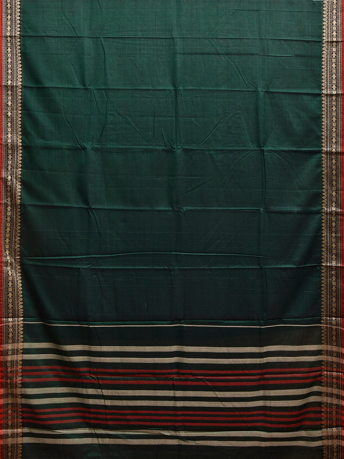 Green Narayanpet Cotton Plain Saree with Border and Strips Pallu Design No Blouse np1368