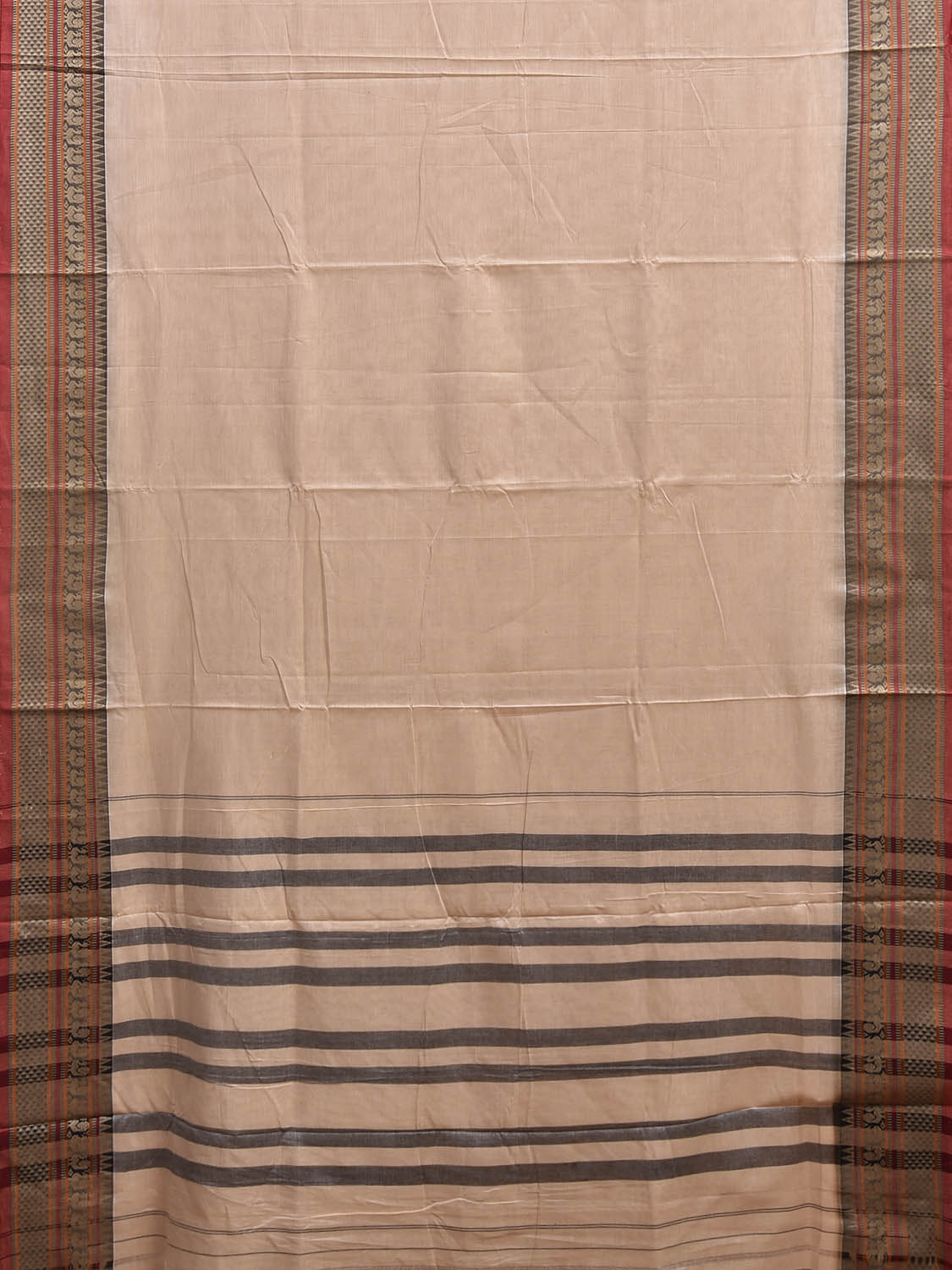 Cream Narayanpet Cotton Plain Saree with Kanchi Border and Strips Pallu Design No Blouse np1369