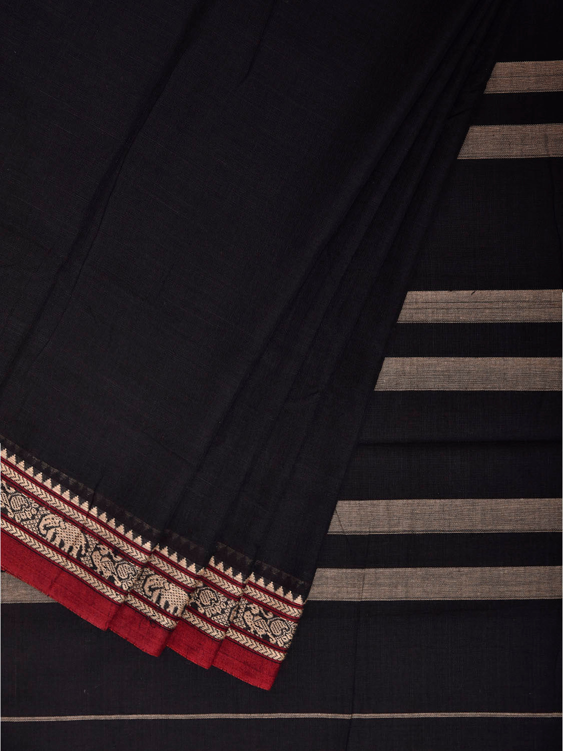 Black Narayanpet Cotton Plain Saree with Border and Strips Pallu Design No Blouse np1370