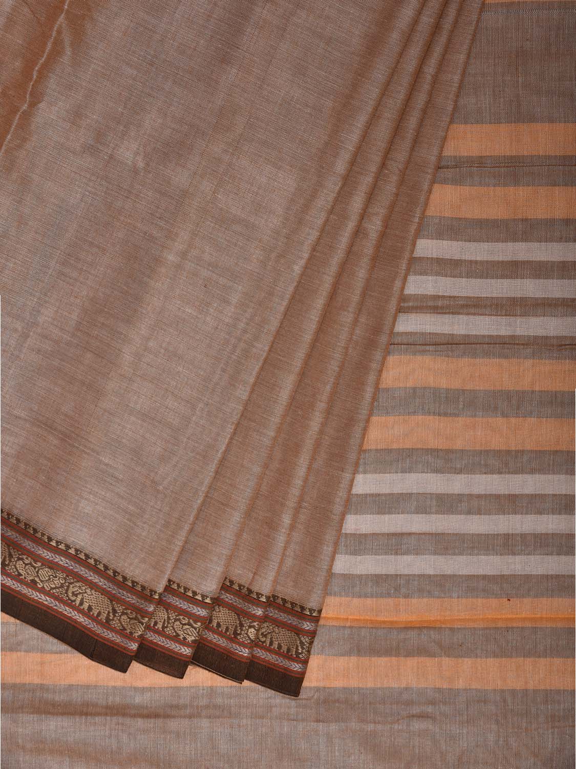 Cream Narayanpet Cotton Plain Saree with Border and Strips Pallu Design No Blouse np1371