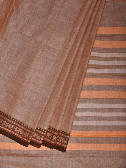 Cream Narayanpet Cotton Plain Saree with Border and Strips Pallu Design No Blouse np1371