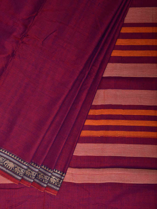 Purple Narayanpet Cotton Plain Saree with Border and Strips Pallu Design No Blouse np1372