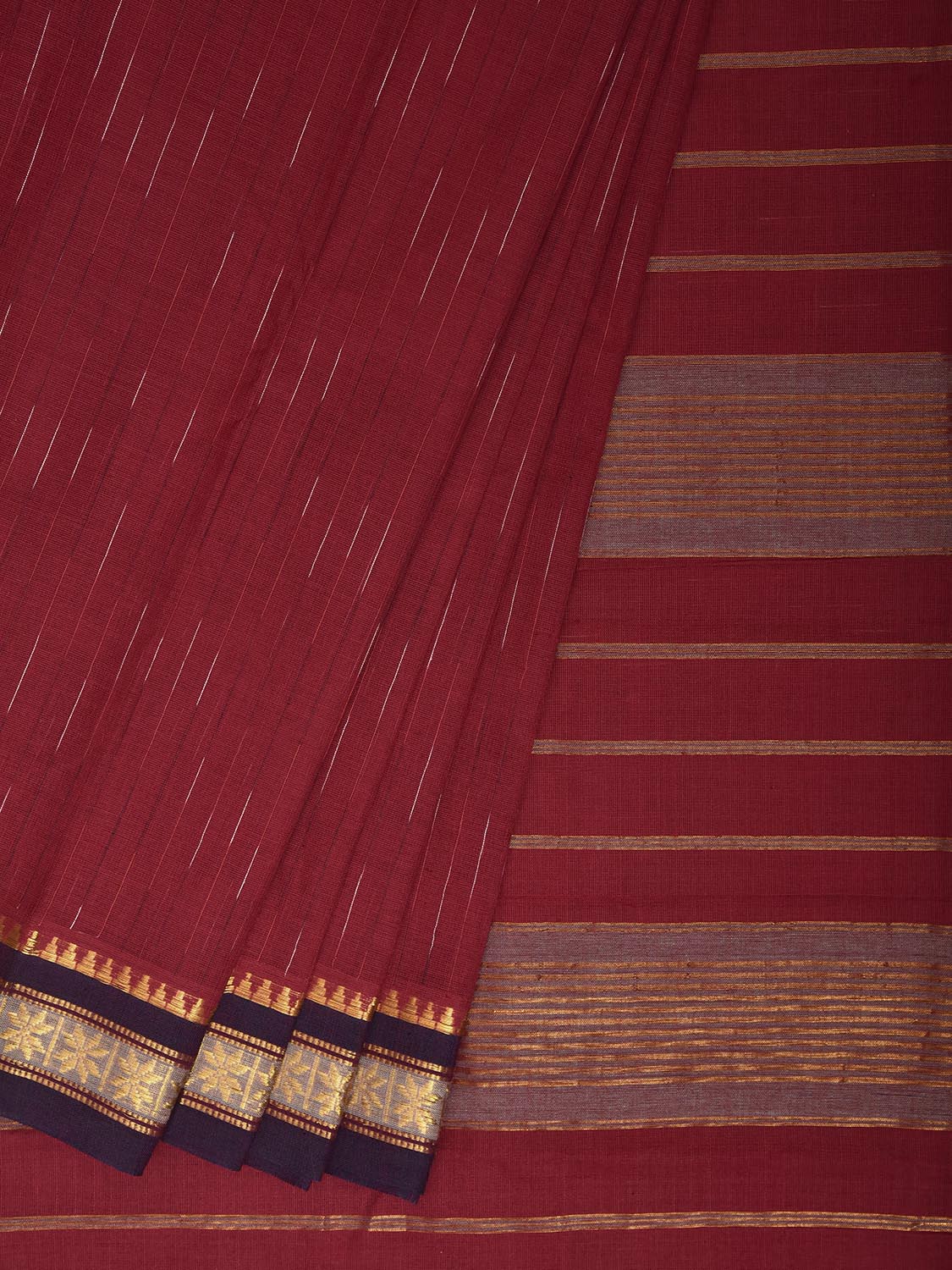 Maroon Narayanpet Cotton Handloom Saree with Strips Pallu Design No Blouse np1373