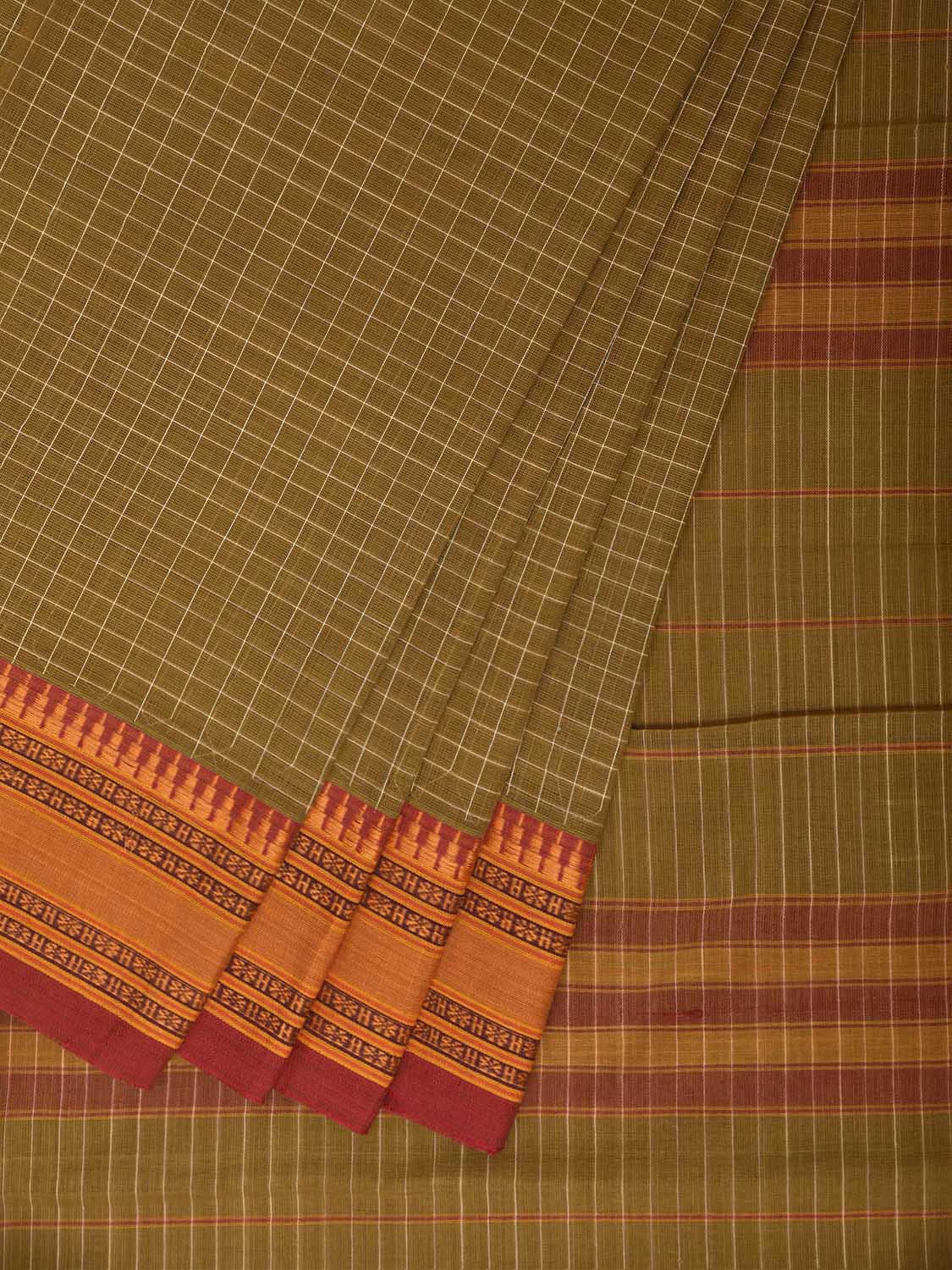Olive and Mustard Narayanpet Cotton Handloom Saree with Checks Design No Blouse np1376