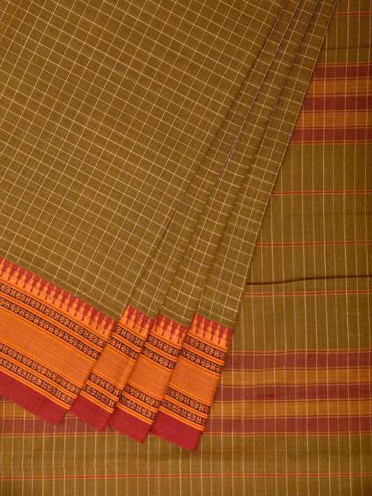 Olive and Mustard Narayanpet Cotton Handloom Saree with Checks Design No Blouse np1376