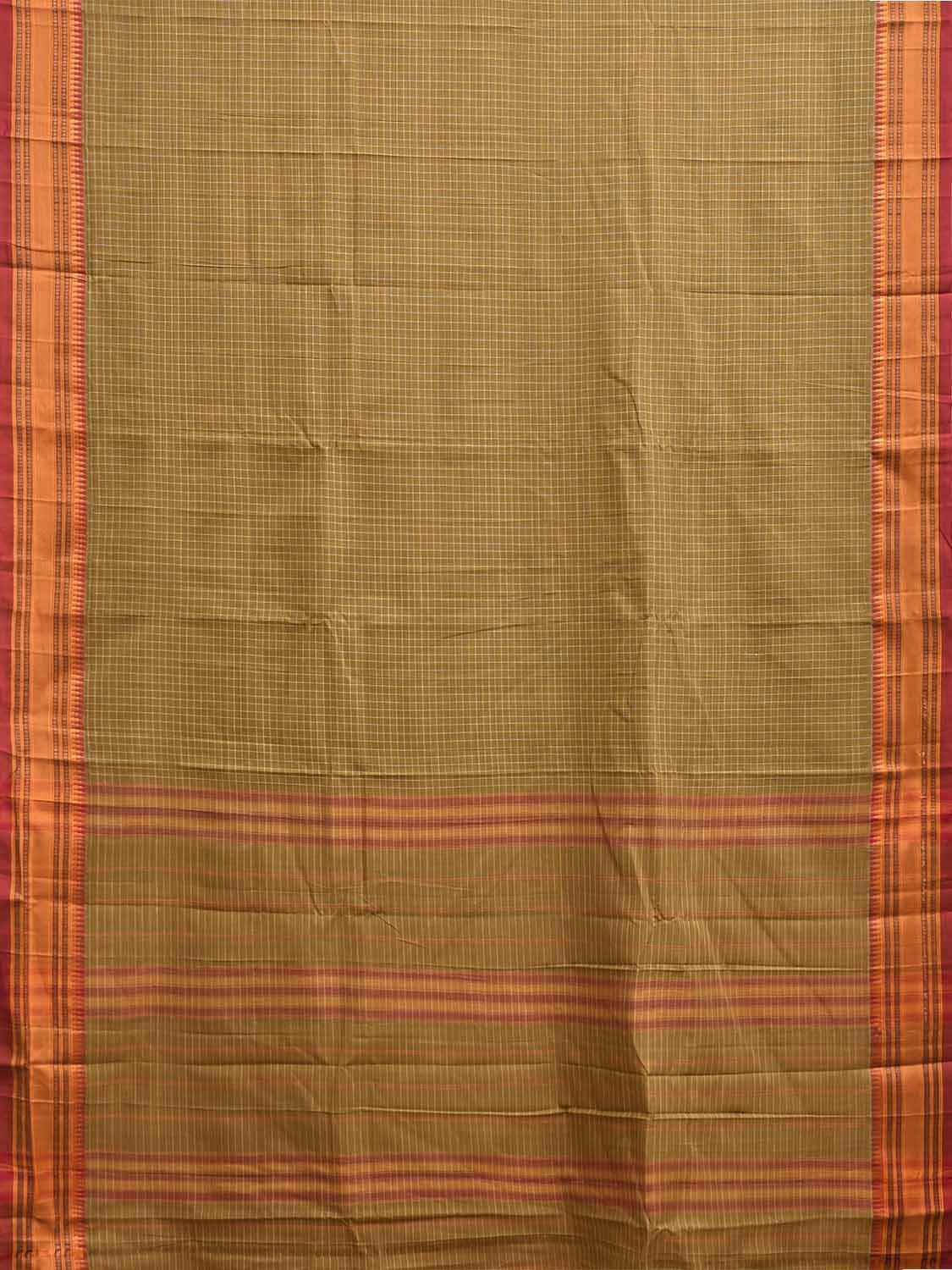 Olive and Mustard Narayanpet Cotton Handloom Saree with Checks Design No Blouse np1376