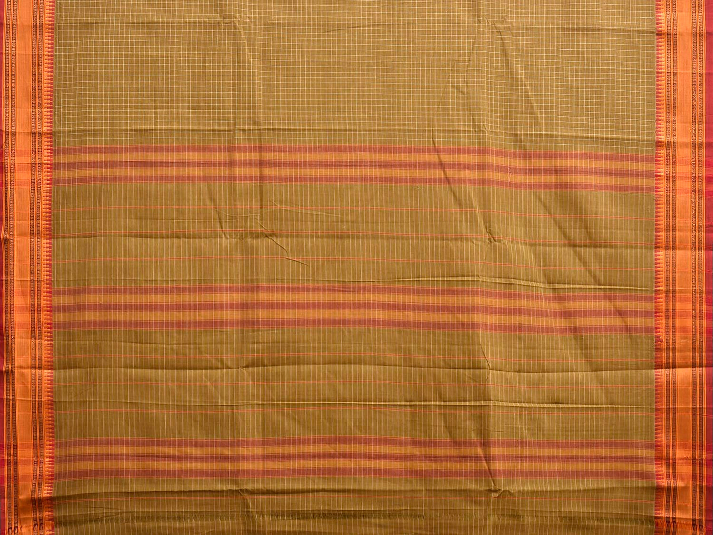 Olive and Mustard Narayanpet Cotton Handloom Saree with Checks Design No Blouse np1376