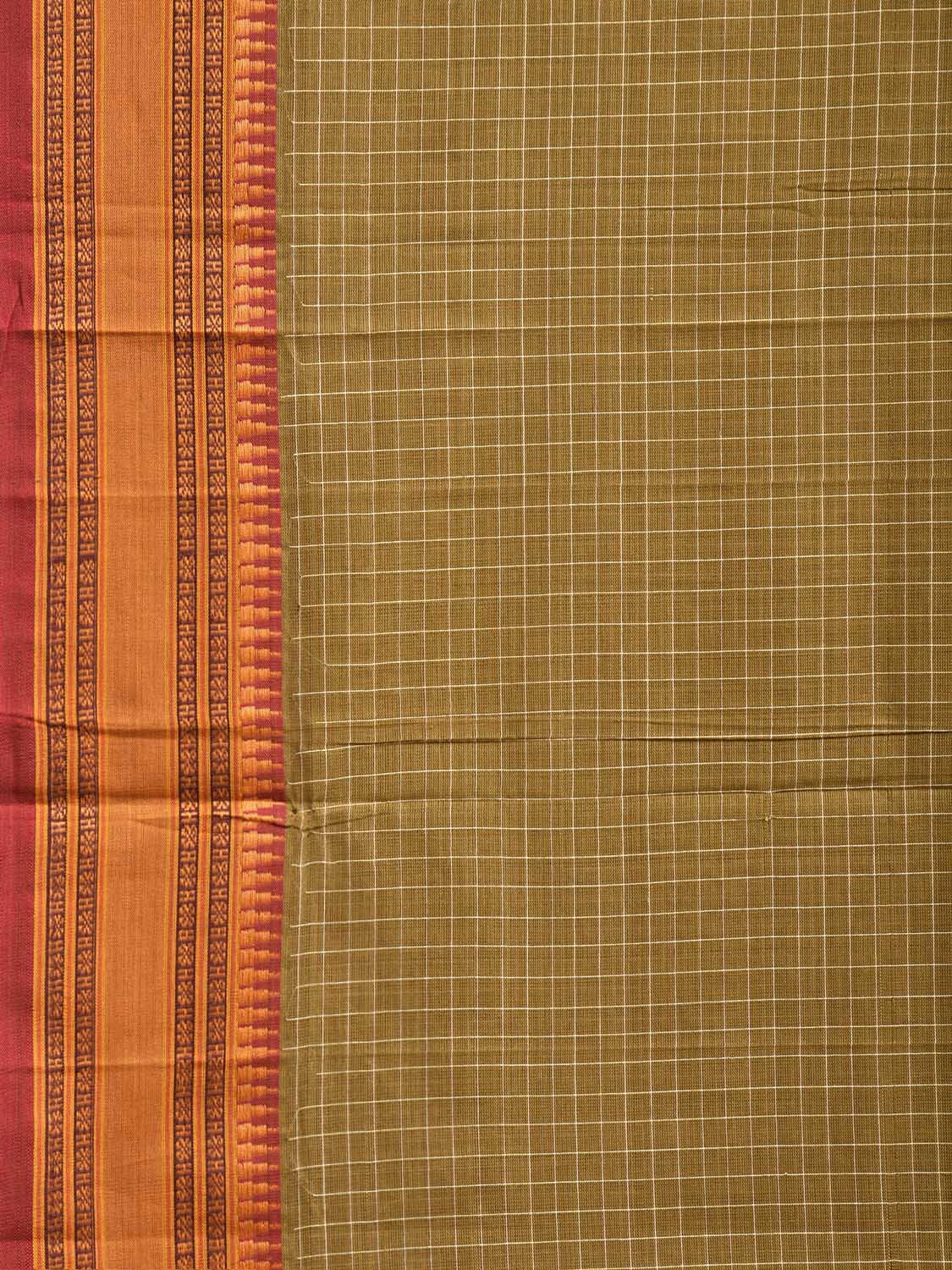 Olive and Mustard Narayanpet Cotton Handloom Saree with Checks Design No Blouse np1376