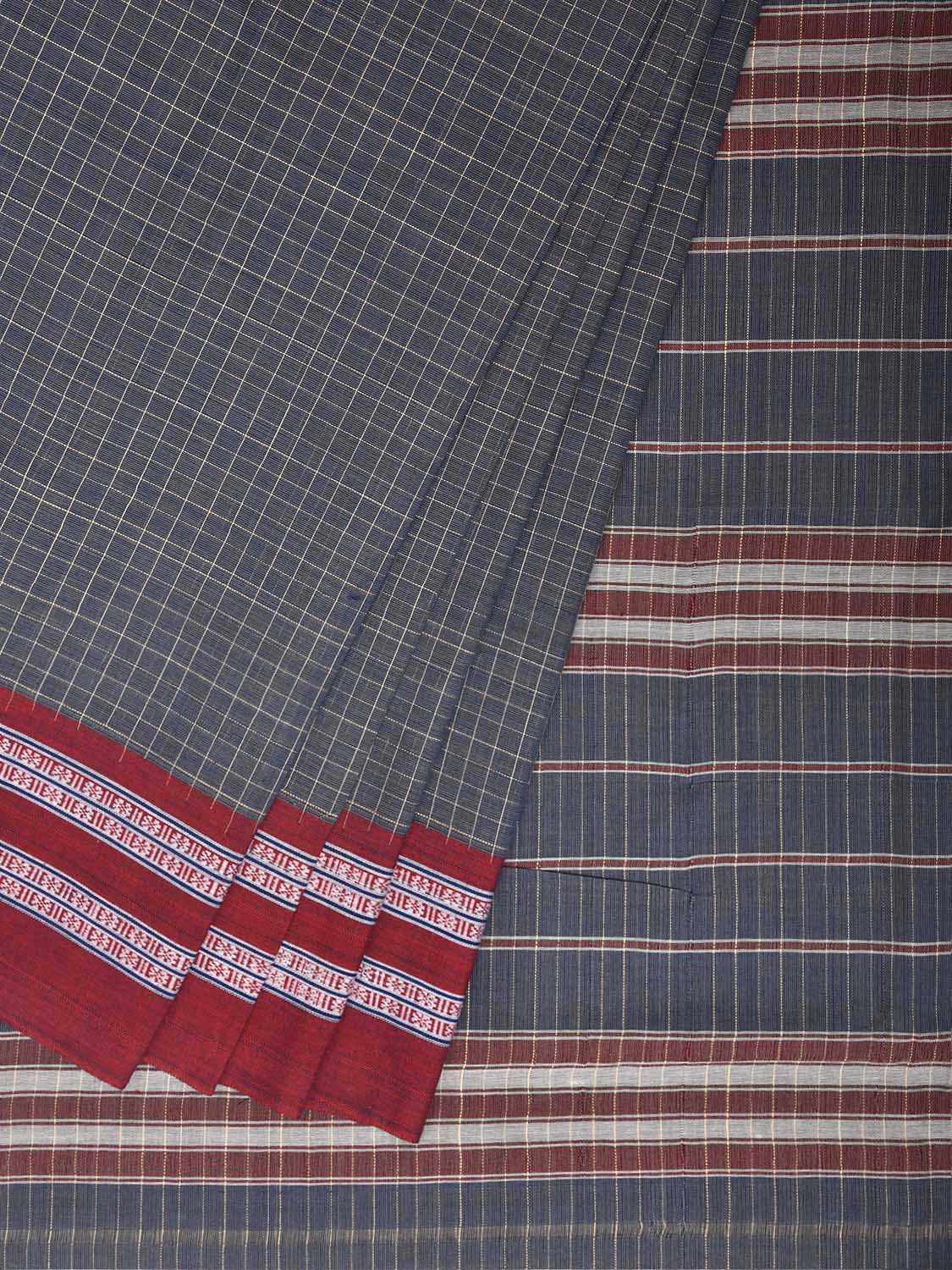 Grey and Red Narayanpet Cotton Handloom Saree with Checks Design No Blouse np1377