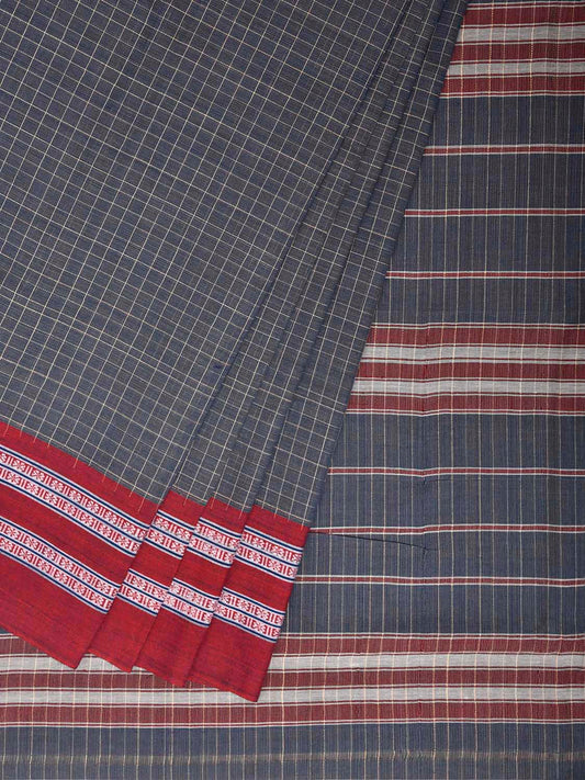 Grey and Red Narayanpet Cotton Handloom Saree with Checks Design No Blouse np1377