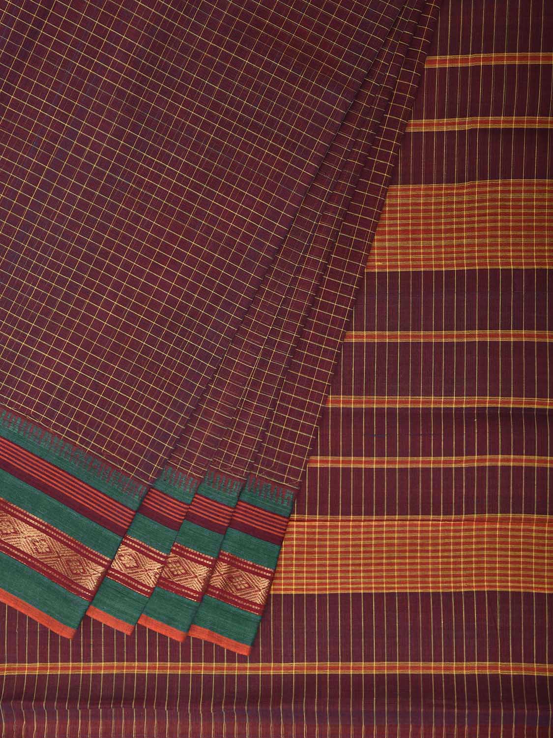 Maroon and Green Narayanpet Cotton Handloom Saree with Checks Design No Blouse np1379