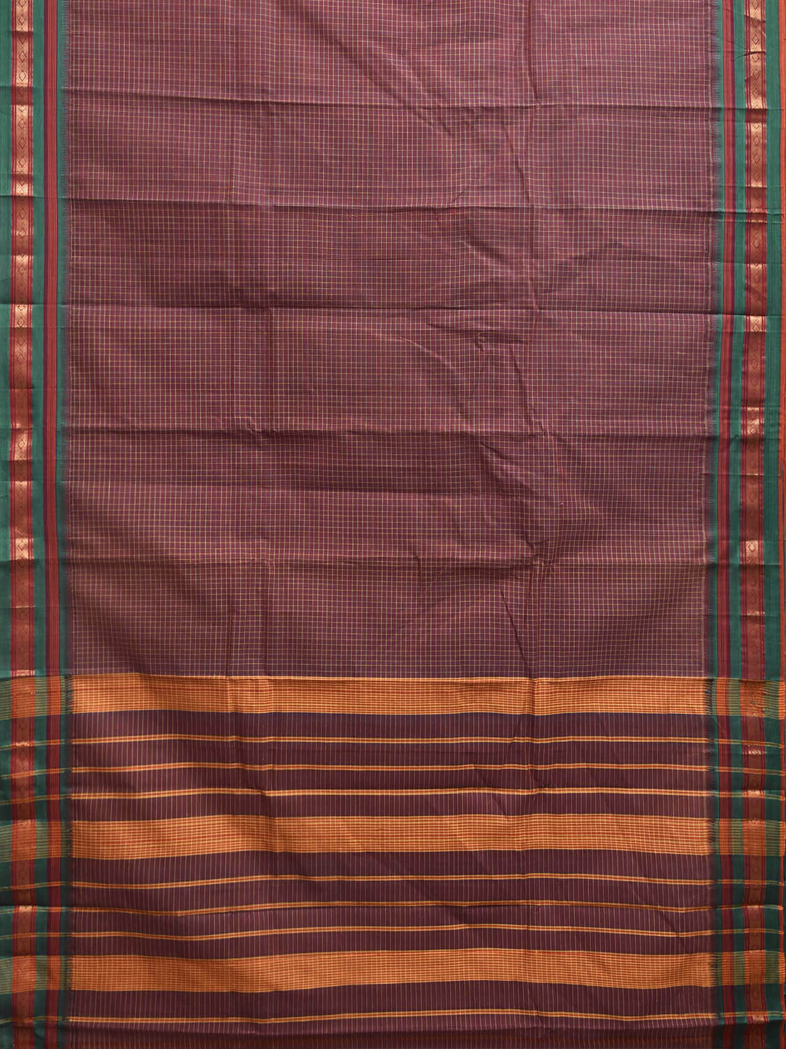 Maroon and Green Narayanpet Cotton Handloom Saree with Checks Design No Blouse np1379