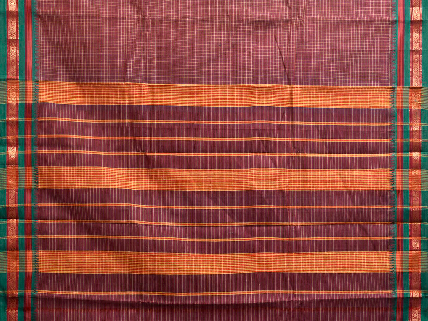Maroon and Green Narayanpet Cotton Handloom Saree with Checks Design No Blouse np1379