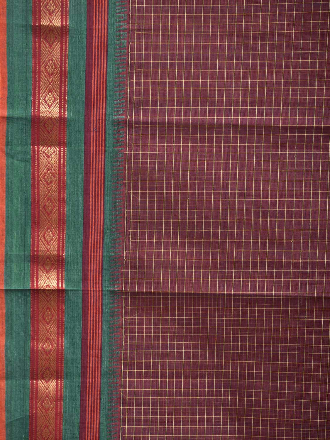 Maroon and Green Narayanpet Cotton Handloom Saree with Checks Design No Blouse np1379