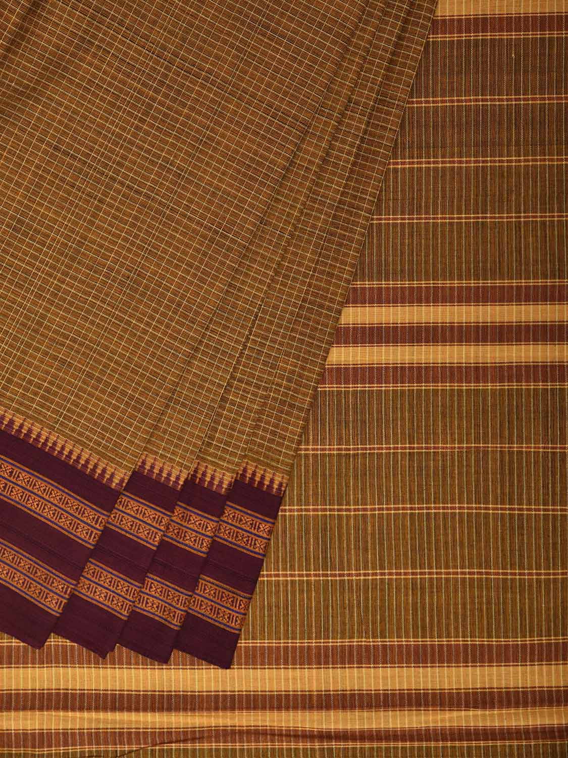 Olive and Maroon Narayanpet Cotton Handloom Saree with Checks Design No Blouse np1380