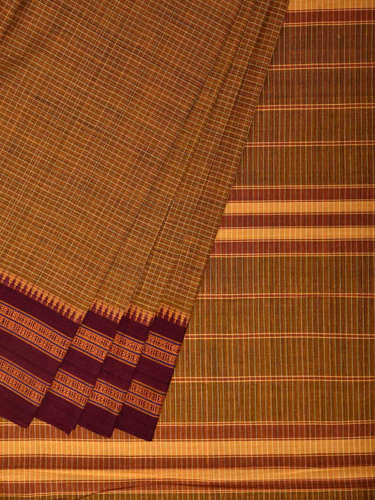 Olive and Maroon Narayanpet Cotton Handloom Saree with Checks Design No Blouse np1380