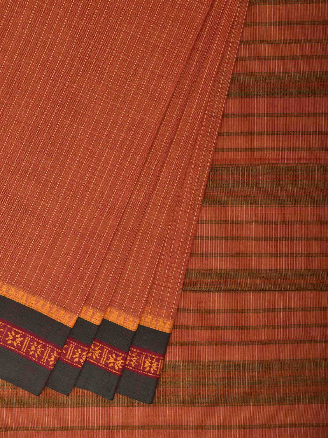 Orange and Green Narayanpet Cotton Handloom Saree with Checks Design No Blouse np1384
